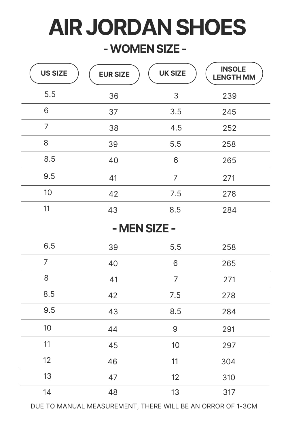 Air Jordan Shoes Size Chart 1 3 - Trigun Store