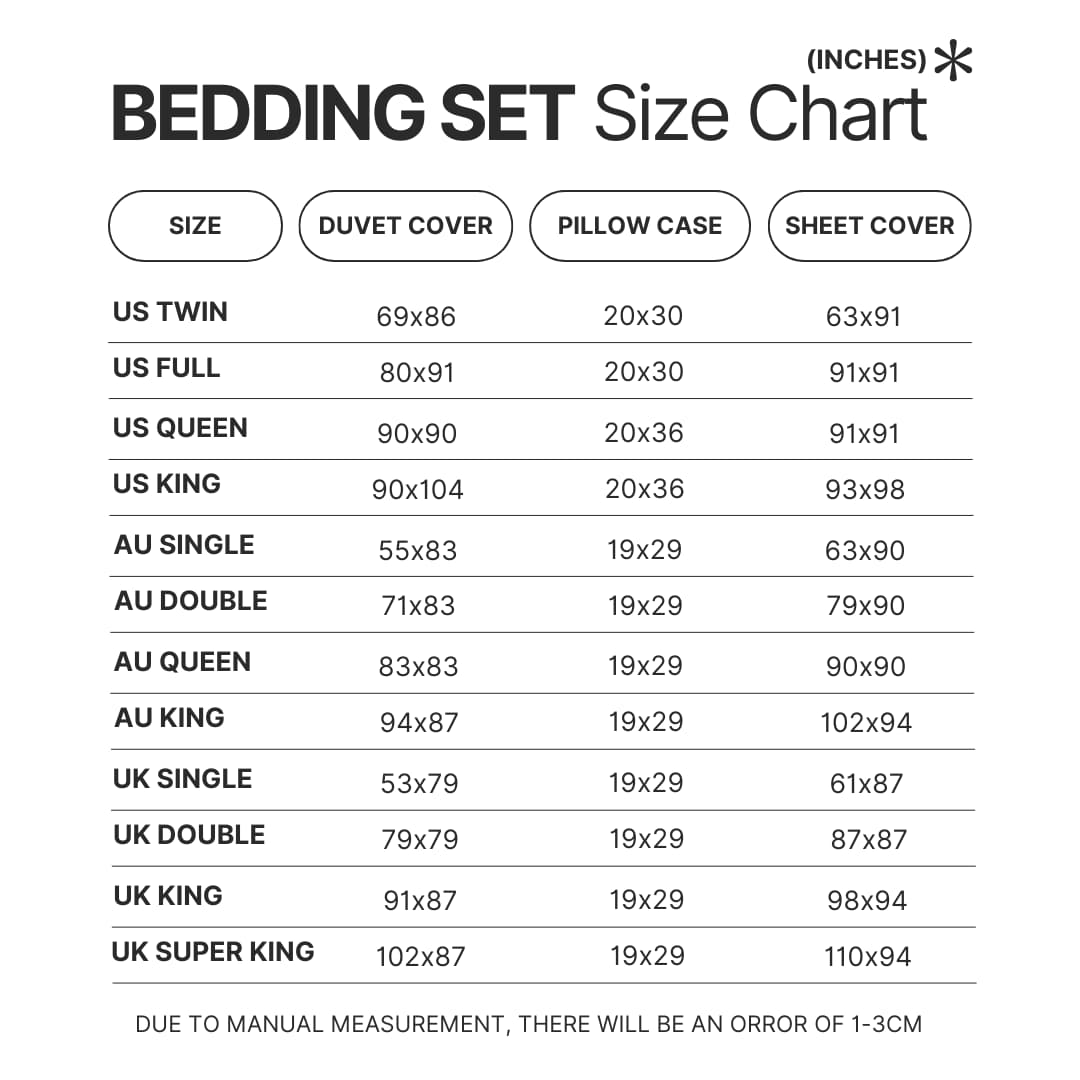 Bedding Set Size Chart - Trigun Store
