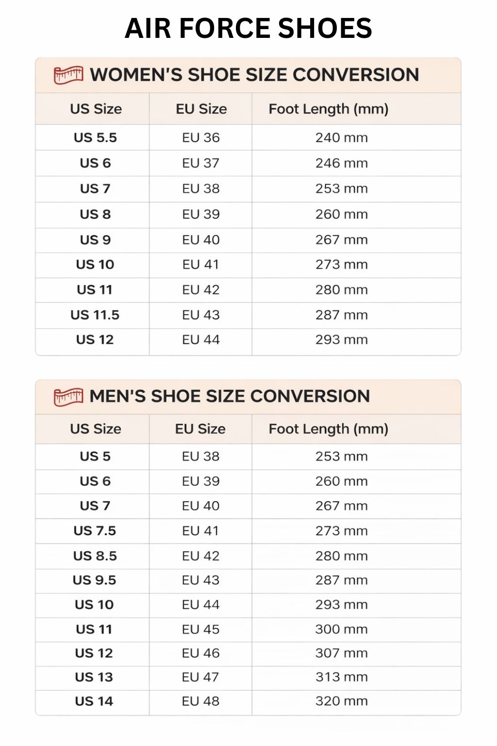 Air Force Shoes Size Chart - Trigun Store