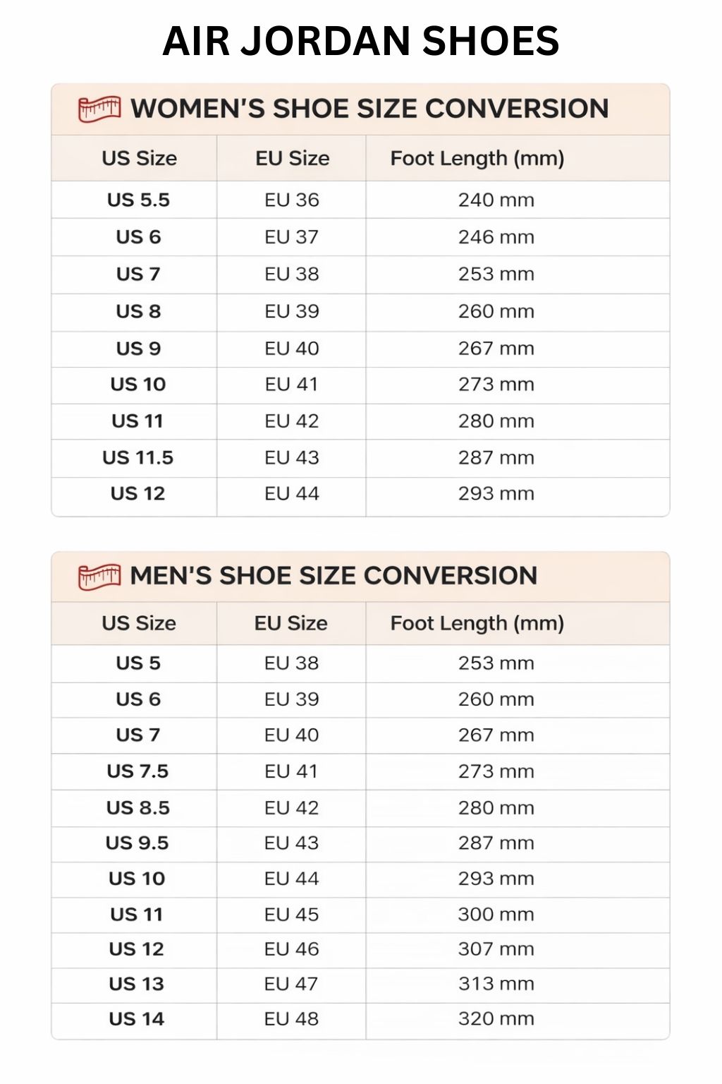 Air Jordan High Low Top Shoes Size Chart - Trigun Store